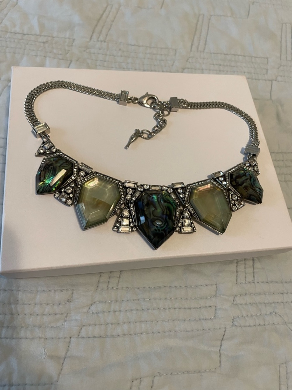 Statement Silver Necklace with Green Abalone and Opal Stones